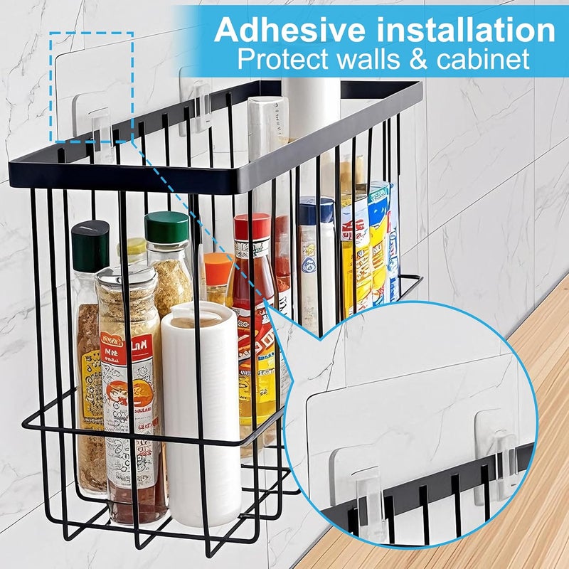 FHJP Wall Organizer Baskets, Lid Organizers Inside Cabinet with 2 Caddy Adhesive, Cabinet Door Organizer with 2 Sponges, 4 Hooks, Cabinet Door Storage for Foil Aluminum Roll, Black, 2 Pack (Small, Medium) - Image 5
